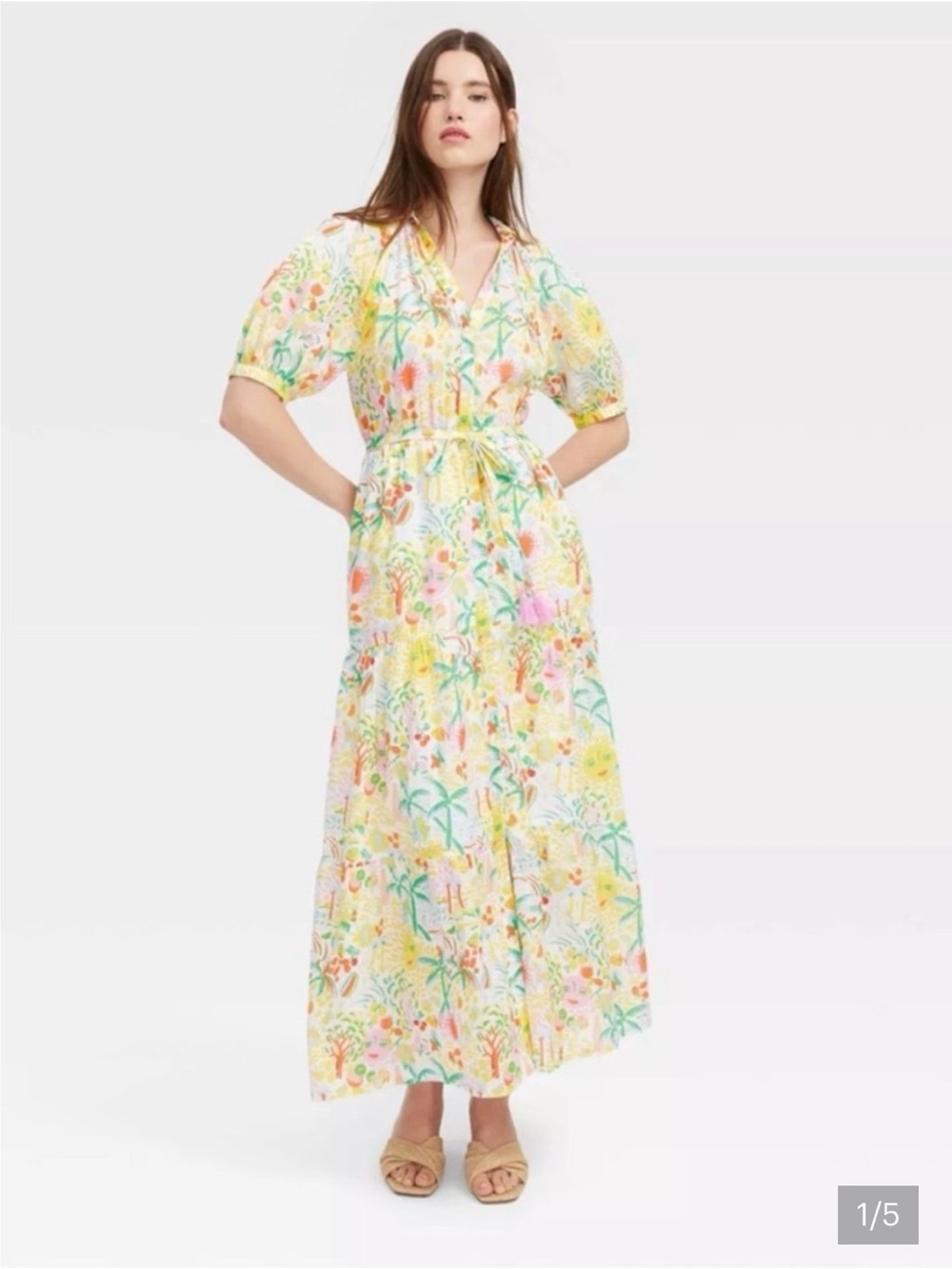 NWT. Roller Rabbit Pastel Floral Tiered Maxi Dress in Yellow, Pink and Green.